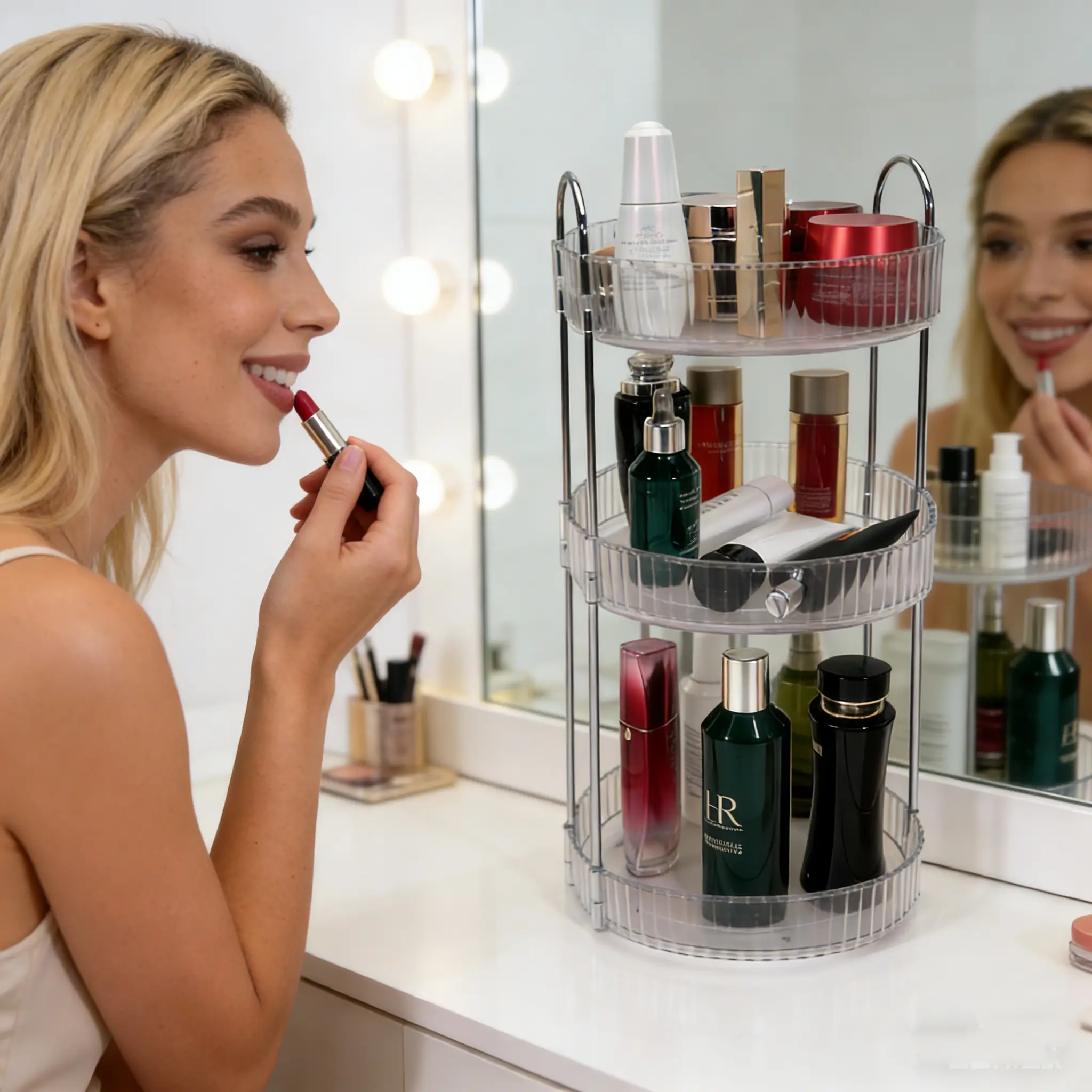 360 degree rotating makeup storage rack, suitable for storing various skincare products, snacks, large capacity storage rack, 3-layer segmented makeup storage rack, makeup storage box, suitable for dressing table cabinets perfume vanity shelf organizer