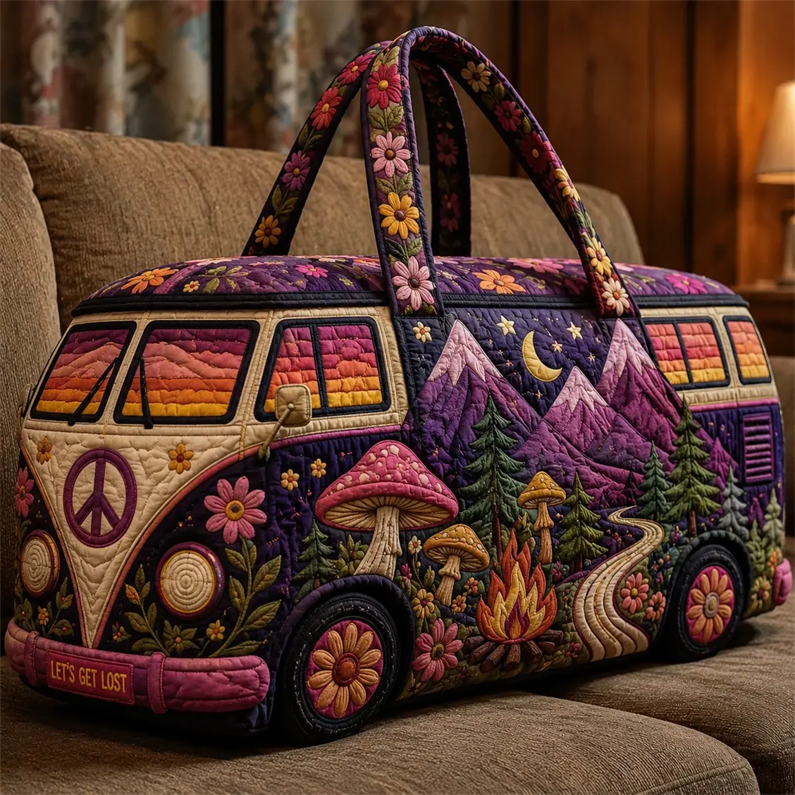 Boho Hippie Van Quilted Duffel Bag for Women, Purple Mountain Mushroom Weekender Travel Bag, Large Capacity Overnight Carry On Tote for Camping, Road Trips, Gym, Vacation & Weekend Getaways