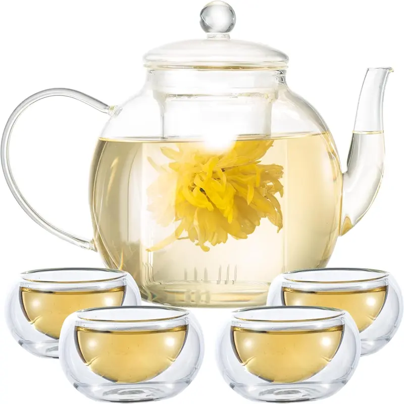 Classic Handmade Borosilicate Glass Teapot Set with Removable Infuser - 1500ml/50oz Stovetop-Ready Heat-Resistant Pot, 4 Teacups, Dishwasher Safe, for Loose Leaf Tea Brewing, Gift-Boxed Kitchenware for Tea Lovers, Ideal for Birthday