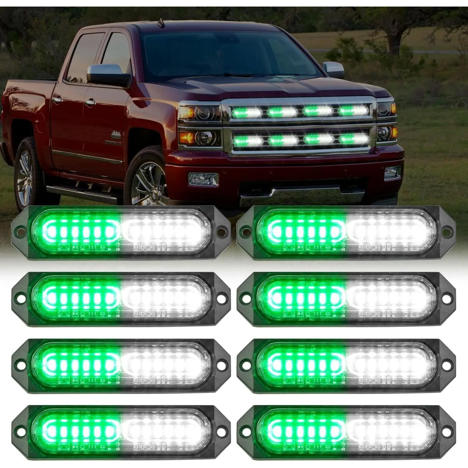 Nilight 8PCS 12LED Green-White Ultra Slim Strobe Light Modules - 12V-24V DC Surface Mount, Slim Profile, Flashing Function, Sync Capability, Easy Wiring Mini Grille Lights for Cars, Trucks, Strobe Light Module