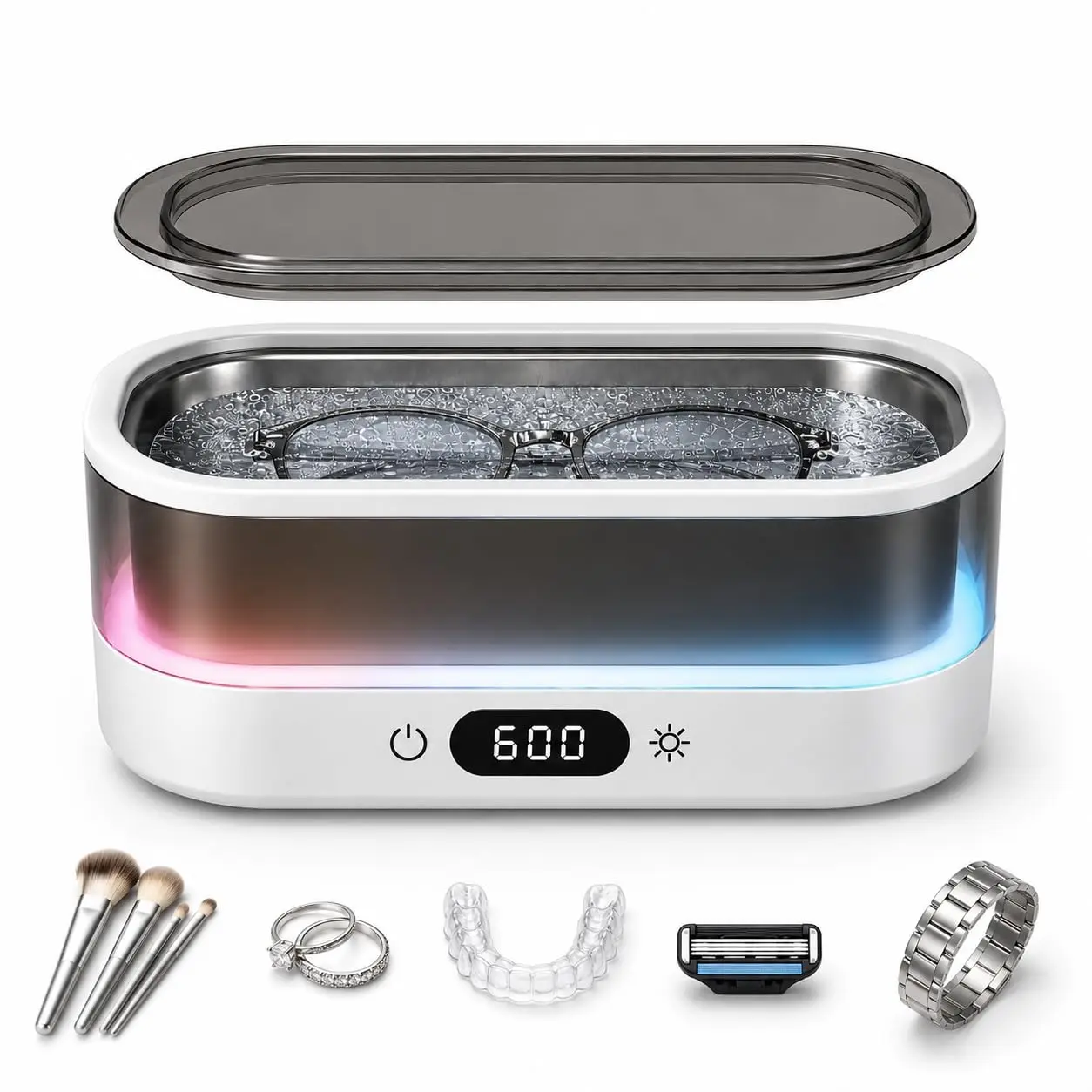 Ultrasonic Cleaner for Jewelry, Glasses & Retainers, 48kHz Sonic Cleaning Machine with 7-Color LED Ambient Light, Digital Timer, Quiet Deep Cleaner for Rings, Dentures & Watches Versatile Portable Jewelry and Denture Cleaner