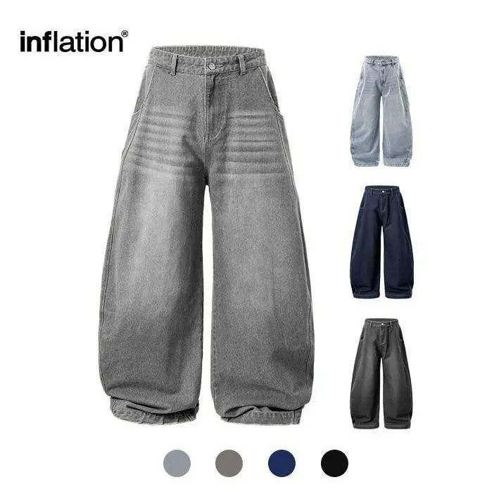 Inflation Men's Washed Baggy Cargo Jeans - Loose Wide-Leg Denim Pants, Pull-On Lightweight Beige Plain Pocket Streetwear, Casual Workwear for Spring-Summer Menswear Bottoms, Baggy Jeans, Streetwear Clothing