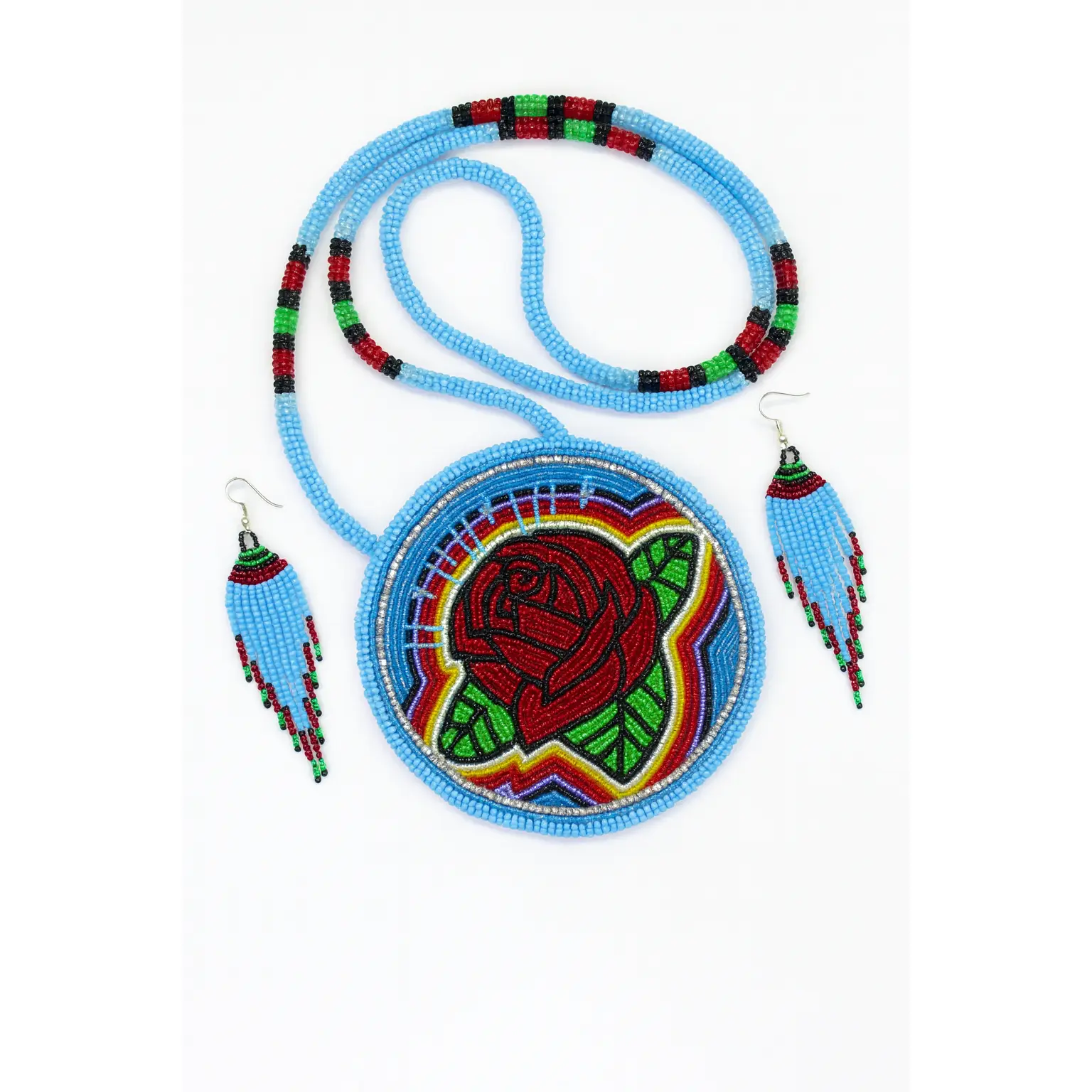 Red Rose Blue Beaded Pendant Necklace & Earrings Set