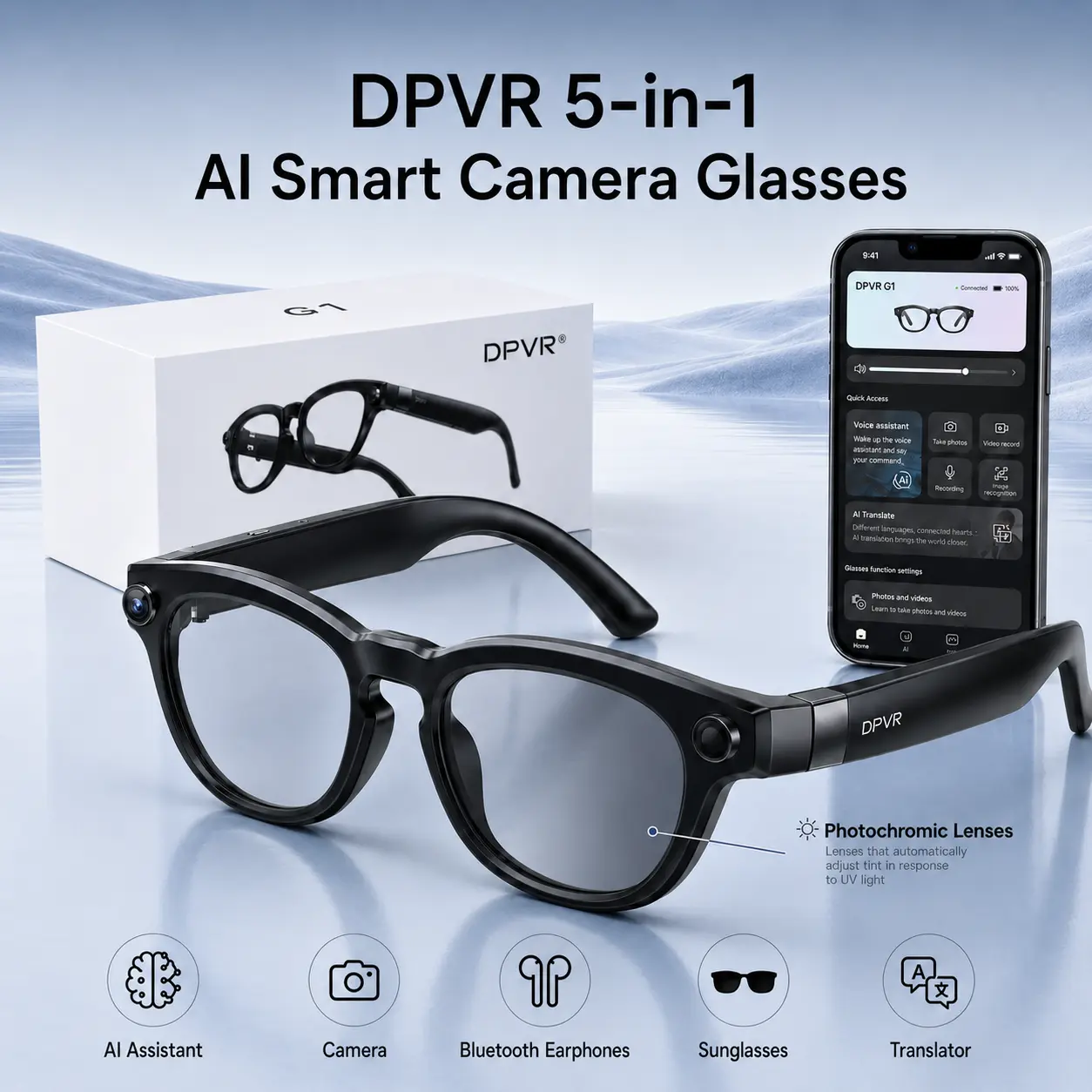 DPVR G1 Smart AI Glasses - Wearable Smart Glasses with 141-Language Translation, Smart Image Recognition, 1080p Offline Video Recording for Everyday Moments, Photochromic Lenses, Never Miss a Great Moment Again camera BT, ideal father