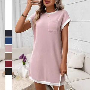 2026 Waffle Knit T-Shirt Dress for Women Casual Contrast Trim Pocket Tunic Dress Short Sleeve Summer Dress # TShirtDress # WaffleKnit # ContrastTrim # WithPocket # SummerDress # CasualWear # Outfit of the Day # WomensFashion # PocketDress