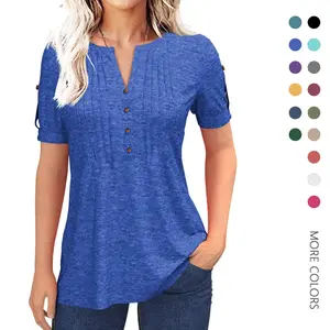 Danedvi Women's fashion summer pleated button short sleeve T-shirt summer V-neck solid color casual Tunic top