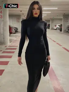 Women's Plain High Neck Padded Shoulder Long Sleeve Slim Fit Dress, Elegant Fit Dress, Bodycon Fit Dress, Solid Midi Dress for Spring & Fall Winter Fashion, Ladies Party Club Date Evening Gown Formal Dress, Black Midi Dresses