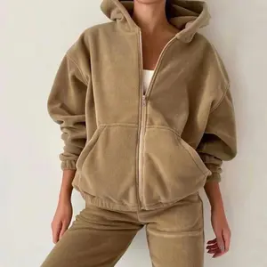 Casual Women Fleece Hoodie Two Piece Sets Hooded Zipper Outerwear And Harem Pant Suit Fall Winter Fashion Streetwear Tracksuit
