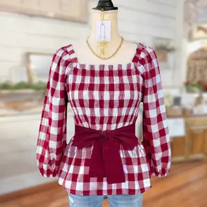 Sagevell Women's Red Gingham Square Neck Blouse Puff Sleeve Cottagecore Farmhouse Top with Waist Bow Detail Flattering Long Sleeve Casual Shirt for Spring Days Country Style Outfits Family Photos & Weekend Wear
