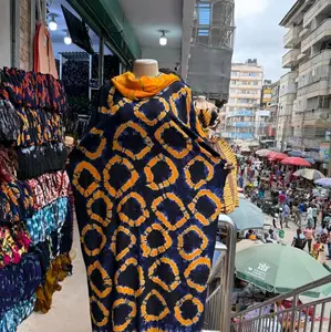 Dirac Somali Dress African Dresses for Women Cotton Dress with Bold Navy Blue and Yellow Geometric Pattern