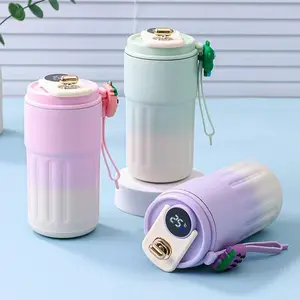 Stainless Steel Thermocup | Temp Sensor Technology | One-Hand Use | For Coffee & Tea Lovers Insulated Straw Lid Kids Water Bottle