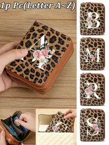 Leopard Print Short Multifunctional Wallet for Women, Card Holder, Floral Letter A-Z Printed, Dual Zipper, Leather Material, Unique Design, Small and Portable, Leopard Print Wallets