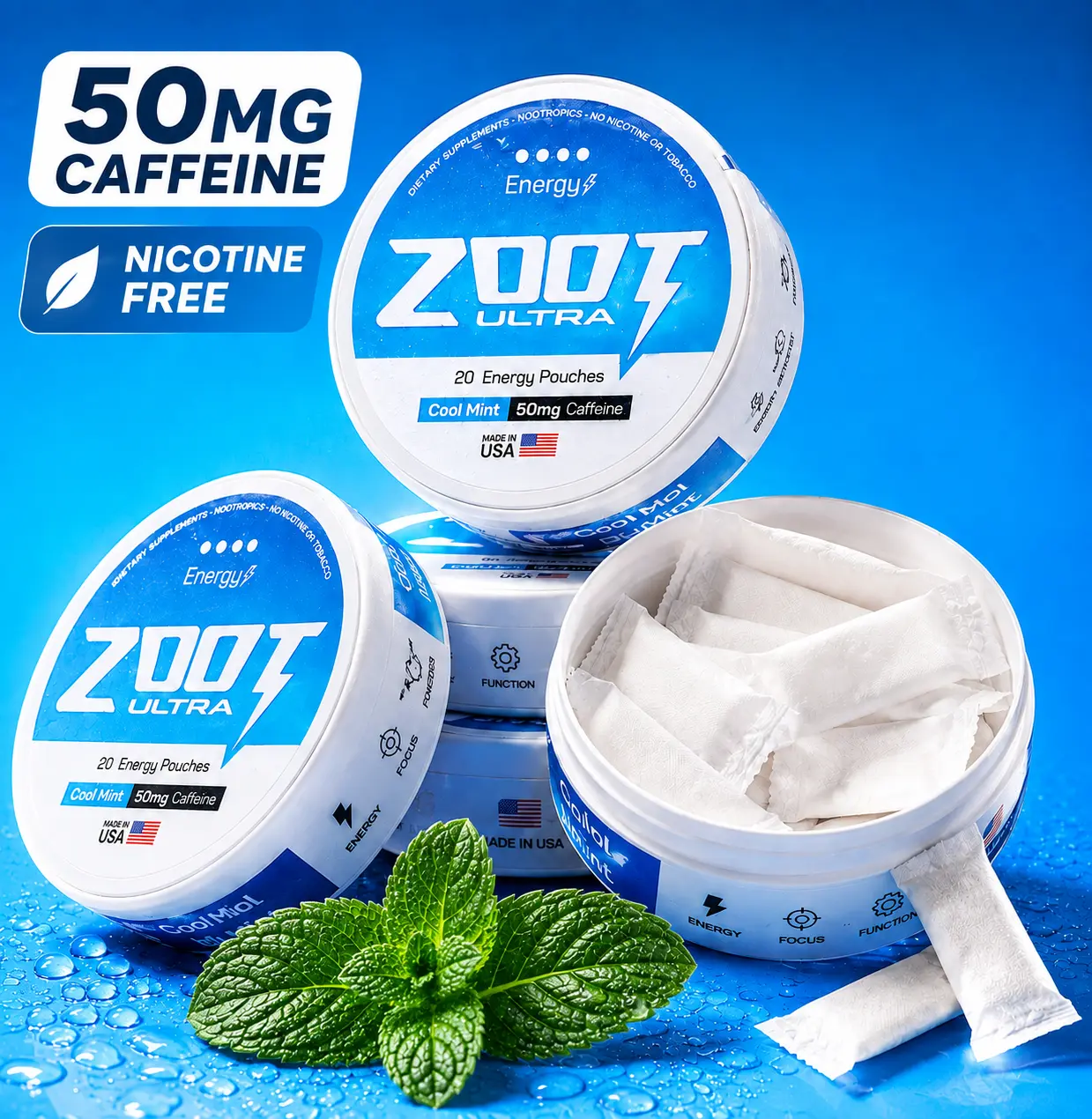 ZOOT Ultra Focus Pouches - Nootropic + Caffeine Pouches | Sugar Free Cool Mint | Clean Ingredients, Blended Vitamins & Minerals, Energy Stamina Boost, Caffeine Energy Pouches