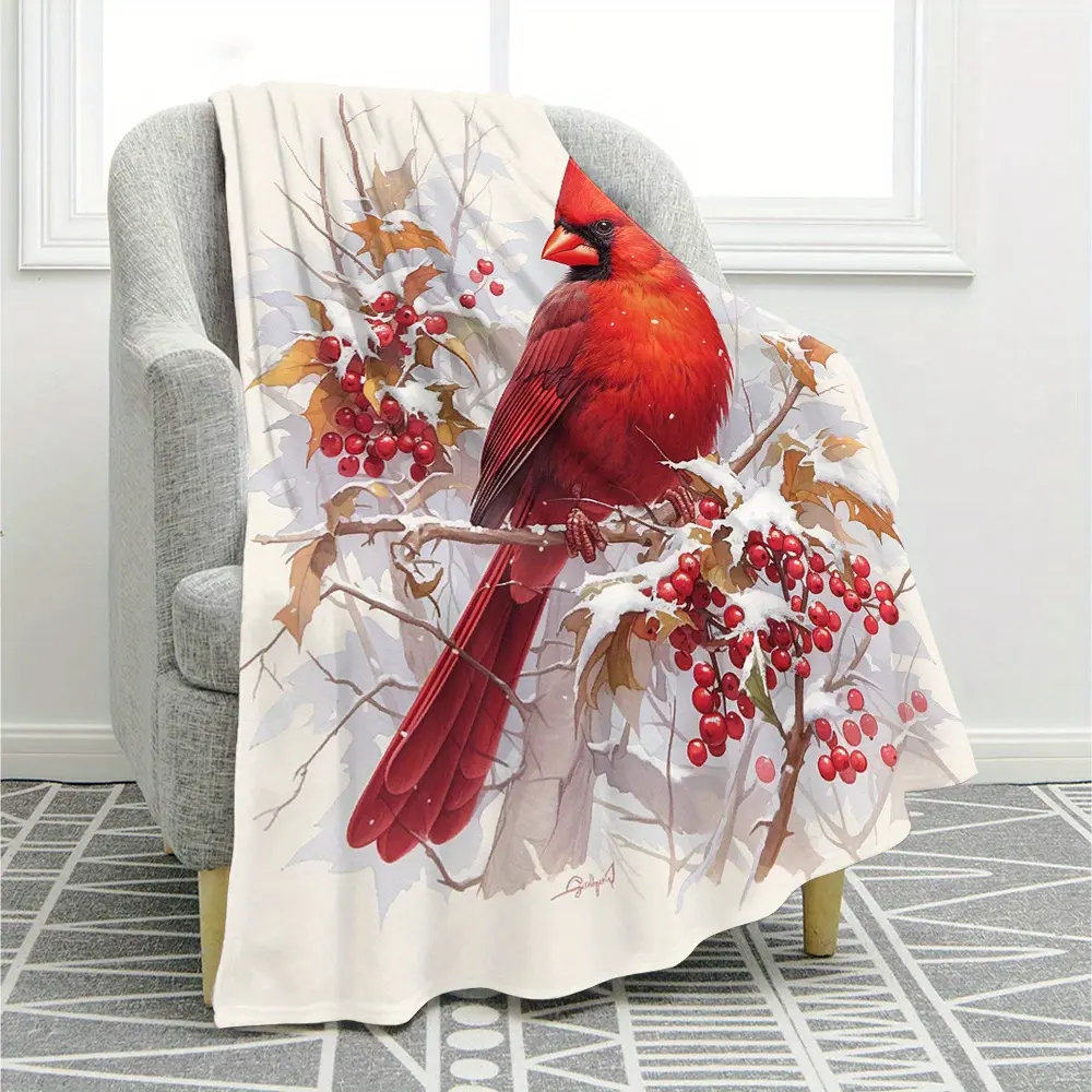 Red Cardinal Bird Animal Artwork Digital Art Print Flannel Throw Blanket - 100% Polyester 280GSM, Fade-Resistant, Soft Contemporary, All Season Blankets, Sofa Cover & AC Nap Gift, Animal Artwork Blankets