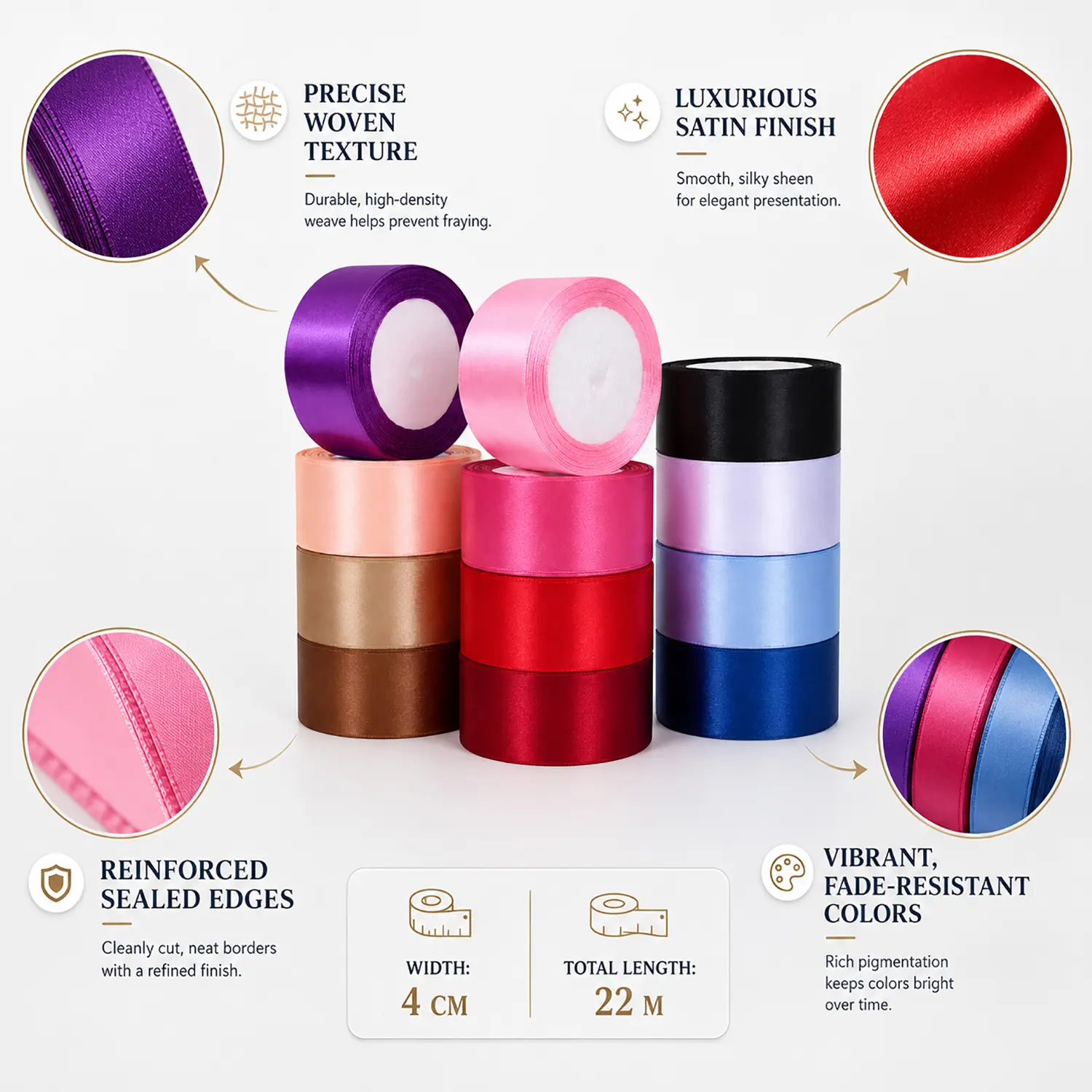 5PCS 4cm Satin Ribbon Rolls 22M Per Roll Vibrant Multi‑Color Fabric Ribbon for Gift Wrapping, Bow Making, Wedding Party Decoration DIY Craft Supplies