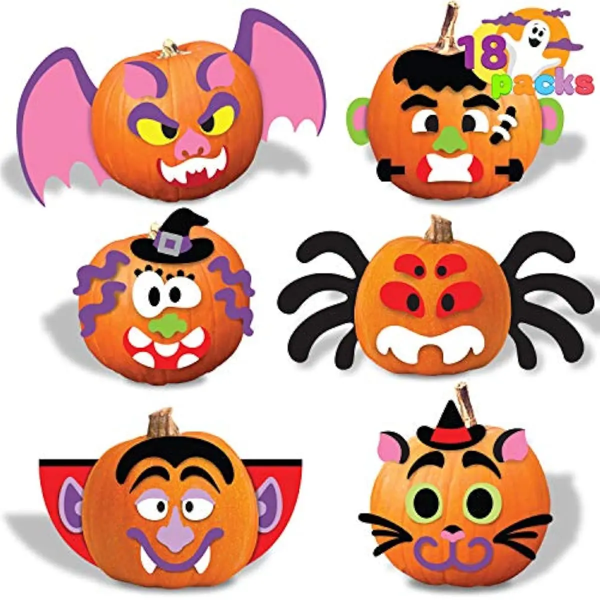 JOYIN 18 Packs Halloween Craft Foam Stickers, Arts Activities Party Supplies, Kids Party Favors, Pumpkin Decorating Kit, Jack O Lantern Face Sticker in 6 Funny Designs, Pumpkin Decor School Game