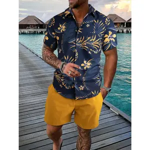 Men Tropical Print Shirt & Drawstring Waist Shorts Without Tee, Cozy Outfits