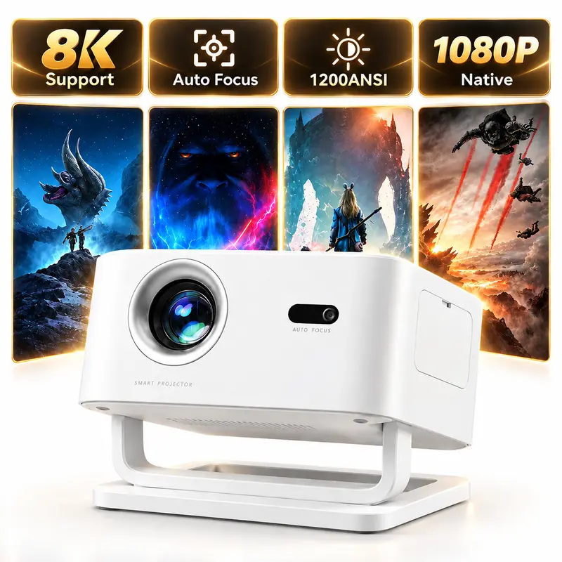 Qawtor LCD Smart Projector - Native 1080P Full HD, 1200 ANSI Lumens, Android 14 Lightweight Portable Tabletop, WiFi 6, Bluetooth 5.4, Auto Focus, Keystone Correction, 4K Supported, Smooth Movies & Games, USB Connection, 1-Step Setup, Projector for Bedroom