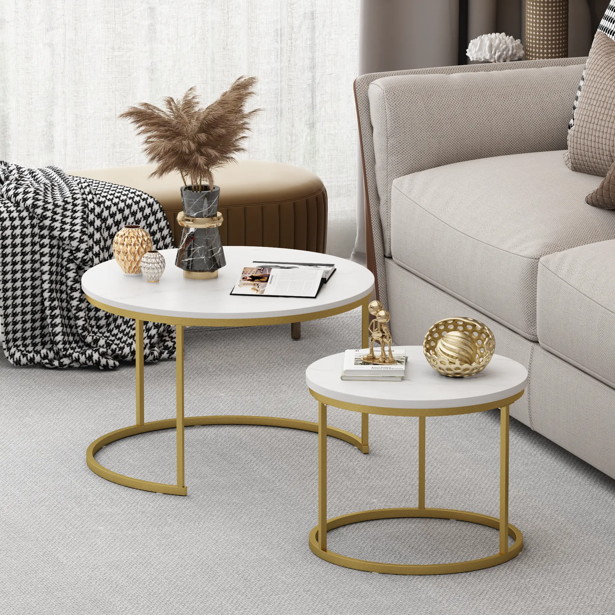 Modern 2-Pack Nesting Round Tables - 2-Size Wood MDF Marble Pattern Top, Sturdy Metal Frame, Easy Assembly Indoor Accent Pieces for Living Room, Study, Side, Bedroom (White/Black)