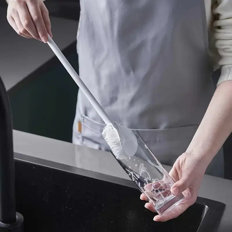 Using a long handled bottle brush, suitable for cleaning narrow mouthed containers, vacuum sports water bottles, thermos cups, and glassware, Cleaning Tools