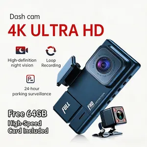 4K Ultra HD Dash Cam Front and Rear Triple Lens Car Camera 4K 2160P with Night Vision 360 Degree Rotation WiFi App View 24H Parking Monitor G-Sensor Loop Recording Panoramic Wireless Dash Cam Free 64GB Memory Card