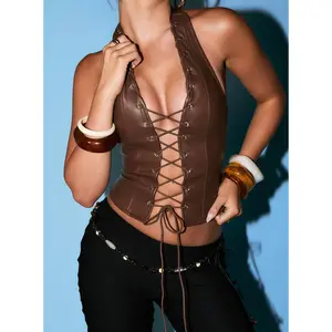 Light On Tie Up Faux Leather Top Chocolate