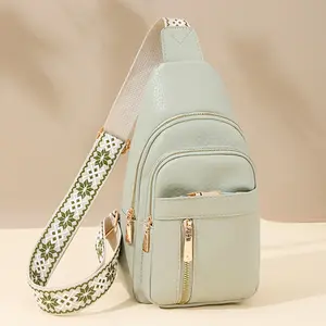 [Vintage Crossbody Bag] Unisex Crossbody Bag - Light Green with White Floral Pattern, Adjustable Strap, Multiple Zippered Pockets, Durable Synthetic, Casual & Sporty Design for Daily Commute, Crossbody Purse, Everyday Accessory, Stylish Accessory
