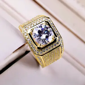 Manufacturer-Direct Men's Bold Sparkling Gold Ring - Diamond-Studded with Large Cluster of Loose Diamonds, Zirconia & Imitation Moissanite for Engagement, Wedding, Gold Rings, Diamond-Studded Rings
