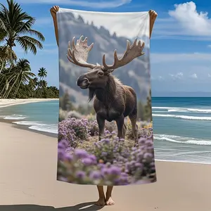 1pc Moose Design Microfiber Bath Towel - Absorbent Quick-Dry Ultra-Soft, Geometric Pattern Contemporary Style, Rectangular for Swimming Bathing Travel, Durable & Stylish Bathroom Accessory, Beach Gear, Travel Essentials, Natureinspired Decor,