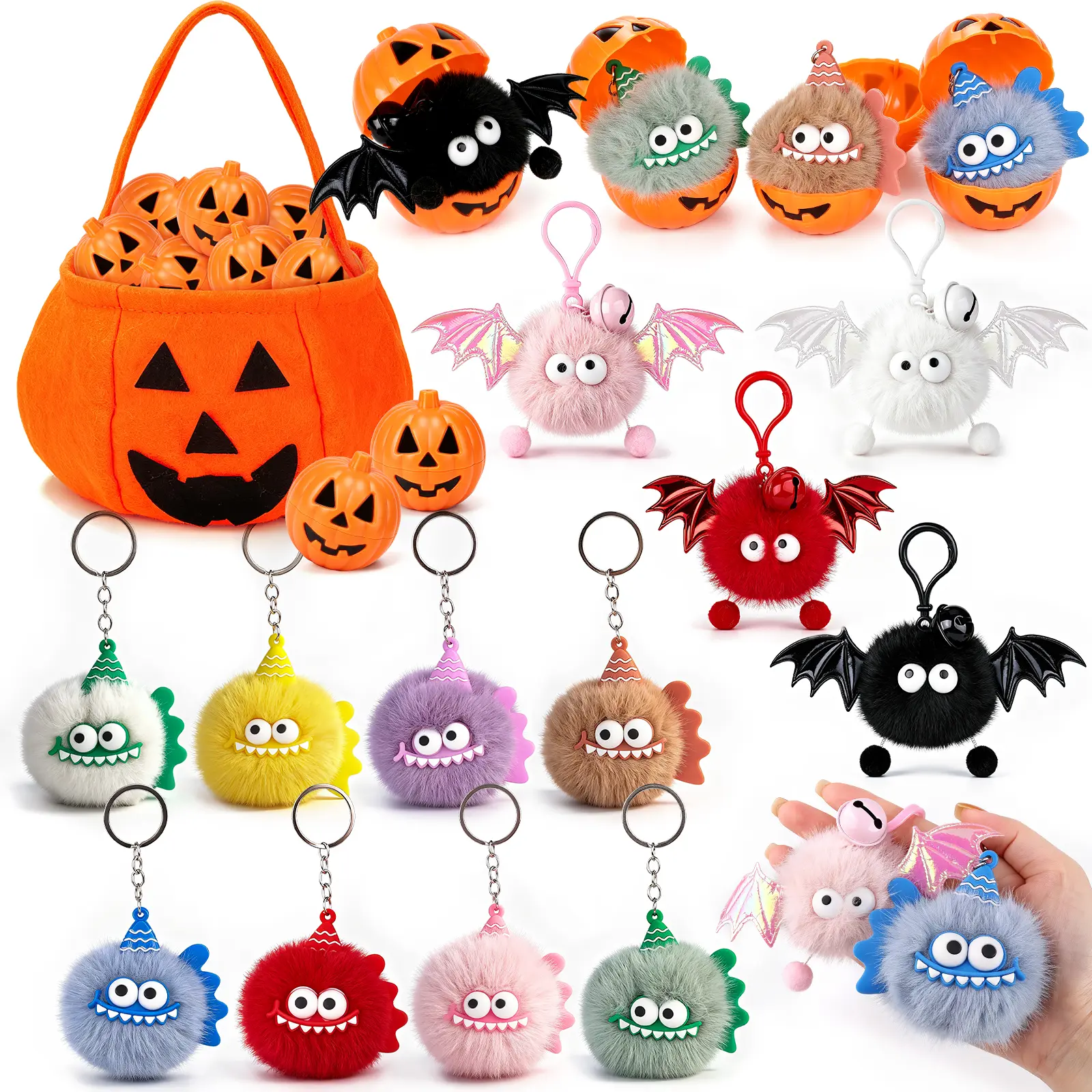 25Pcs Halloween Fluffy Keychain Set With Pumpkin Shell Pumpkin Bag,12 Fluffy Keychain+12 Removable Pumpkin Shells + 1 Pumpkin Treat Bag, Halloween party favors toy,  Halloween Treat or Trick