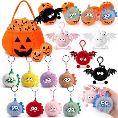 Halloween Squishy/Stress Balls/Fluffy Keychain Set With Pumpkin Shell Pumpkin Bag,12 Fluffy Keychain+12 Removable Pumpkin Shells + 1 Pumpkin Treat Bag, Halloween party favors toy,  Halloween Treat or Trick