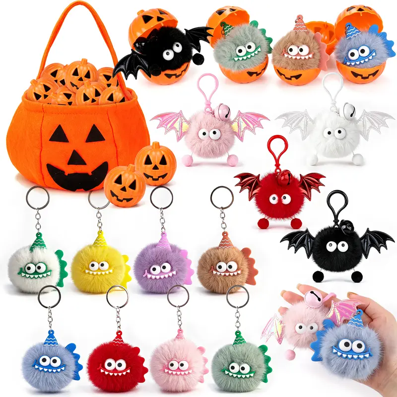 Halloween Squishy/Stress Balls/Fluffy Keychain Set With Pumpkin Shell Pumpkin Bag,12 Fluffy Keychain+12 Removable Pumpkin Shells + 1 Pumpkin Treat Bag, Halloween party favors toy,  Halloween Treat or Trick
