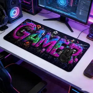 Colorful Gamer Graffiti Large Gaming Mouse Pad, Gaming Mousepad, Extended Non-Slip Rubber Base Desk Mat, Neon Skull Accent Cyberpunk Design Computer Accessory, Durable Office Desk Pad for Home Office & Gaming Setup, Gift for Gamers & Aesthetic Enthusiasts