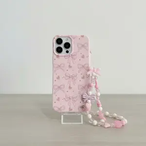 Cute Bowknot Pattern Phone Case with Beaded Lanyard, Decorative Phone Protector Cover, Phone Accessories Compatible with iPhone 15 14 13 12 11 X Casing, Phone Decoration