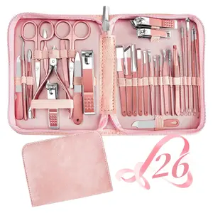 26 in 1 Professional Manicure Pedicure Kit, Stainless Steel Nail Care Set with Nail Clippers, Pink for Women﻿