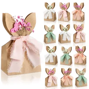Gift For Her/Him 24pcs Boho Bow Easter Bunny Party Favor Bags | Bunny Gift Boxes with Neutral Bow Ribbon and Artificial Flowers, Rustic Paper Rabbit Ears, Treat Bags Bulk for Easter Spring | Material: Paper, Brand: ZKBD