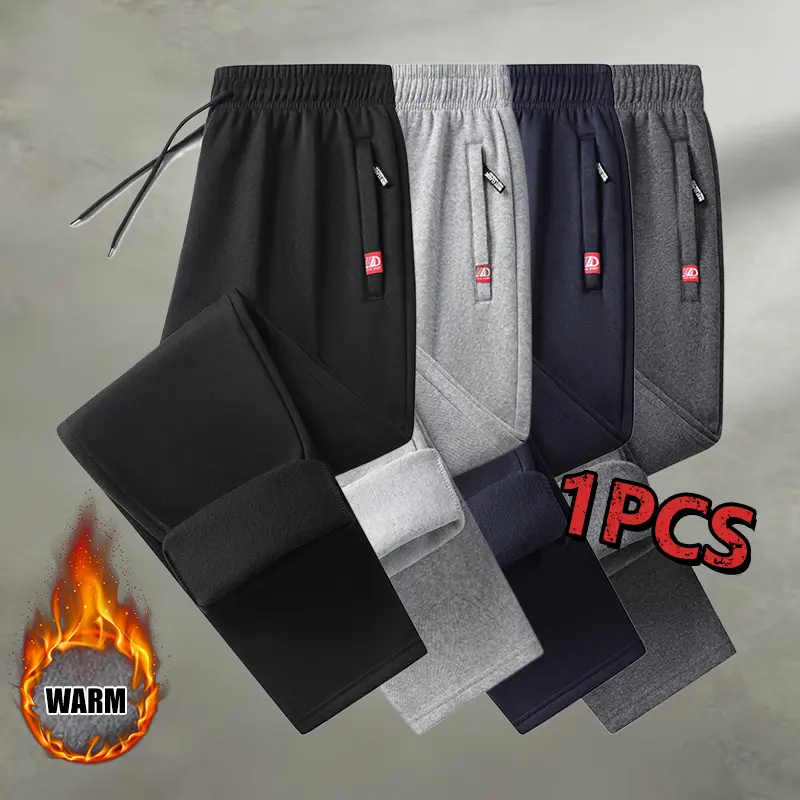 Men’s 1-pack solid-color casual long pants for autumn/winter with fleece lining, windproof and warm; stylish drawstring waist, suitable for home and everyday wear.