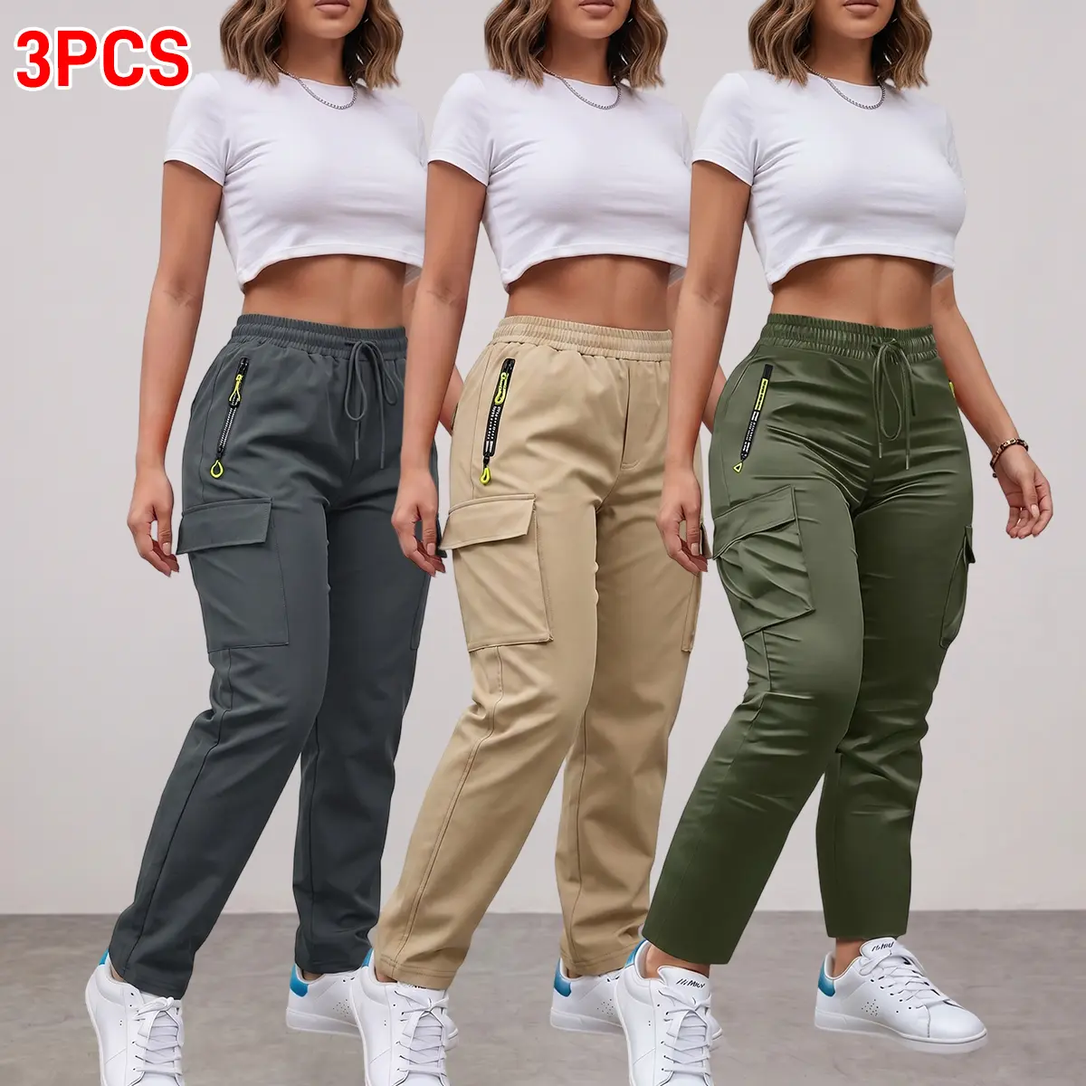 Lightweight Straight-Leg Cargo Pants for Women with an Adjustable Drawstring Waist and Multiple Zippered Pockets, Casual Bottoms, Multiple Pockets, Polyester, Mid Waist, Zip Pockets, Plain Look