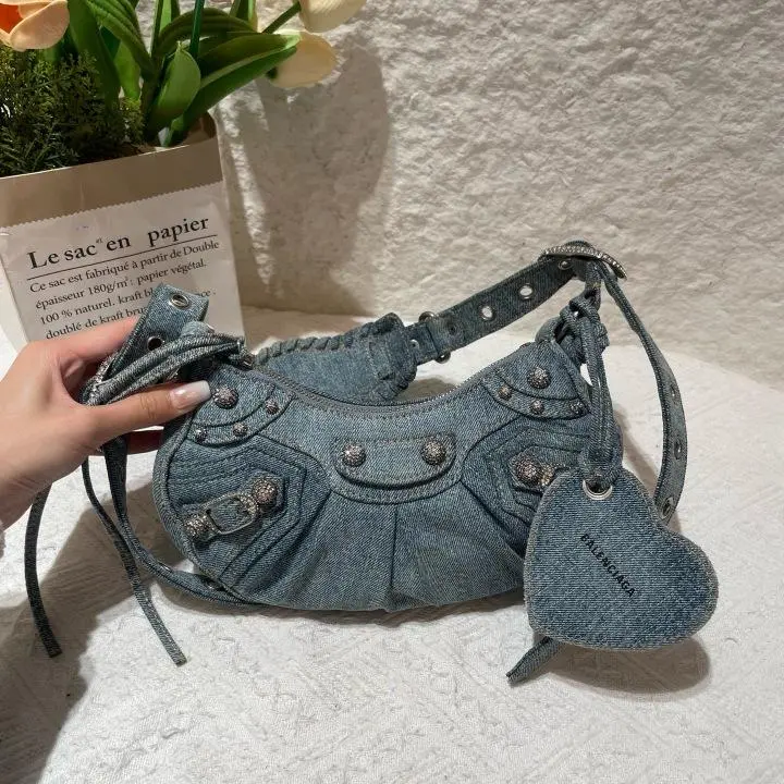 Pre-owned Balenciaga Le Cagole XS Rhinestone Denim Shoulder Bag ZX149