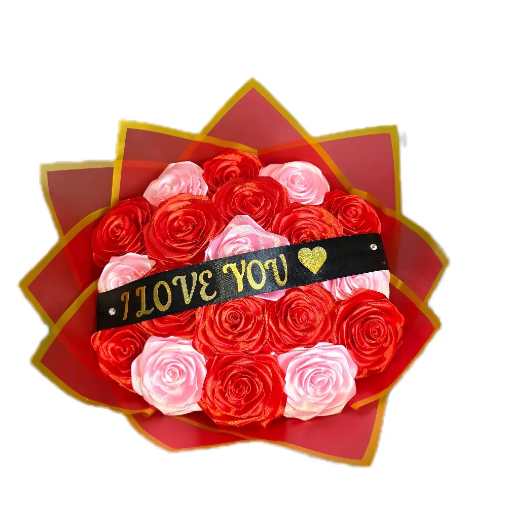 Romantic Rose Bouquet with 'I LOVE YOU' Ribbon - Red & Pink Roses in Elegant Red Packaging