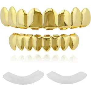 16 Pieces 18K Gold Plated Gold Finish Gold Teeth Grillz, 8 Upper Teeth + 8 Lower Teeth Hip Hop Mouth Grills Fang with Adhesive Molding Strips for Men Women