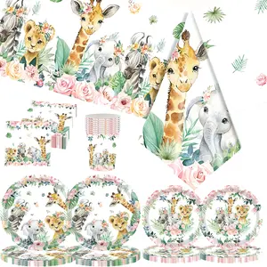 145 forest animal tableware set-animal theme party, including plates, cups, napkins and tableware, suitable for baby baptism, outdoor camping, birthday party