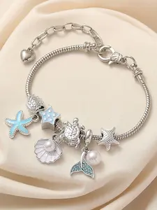 Ocean Style Bracelet, Fish Tail Shell, Starfish, Pearl Mermaid Design, Adjustable Copper Bracelet, Women's Beach Party Jewelry