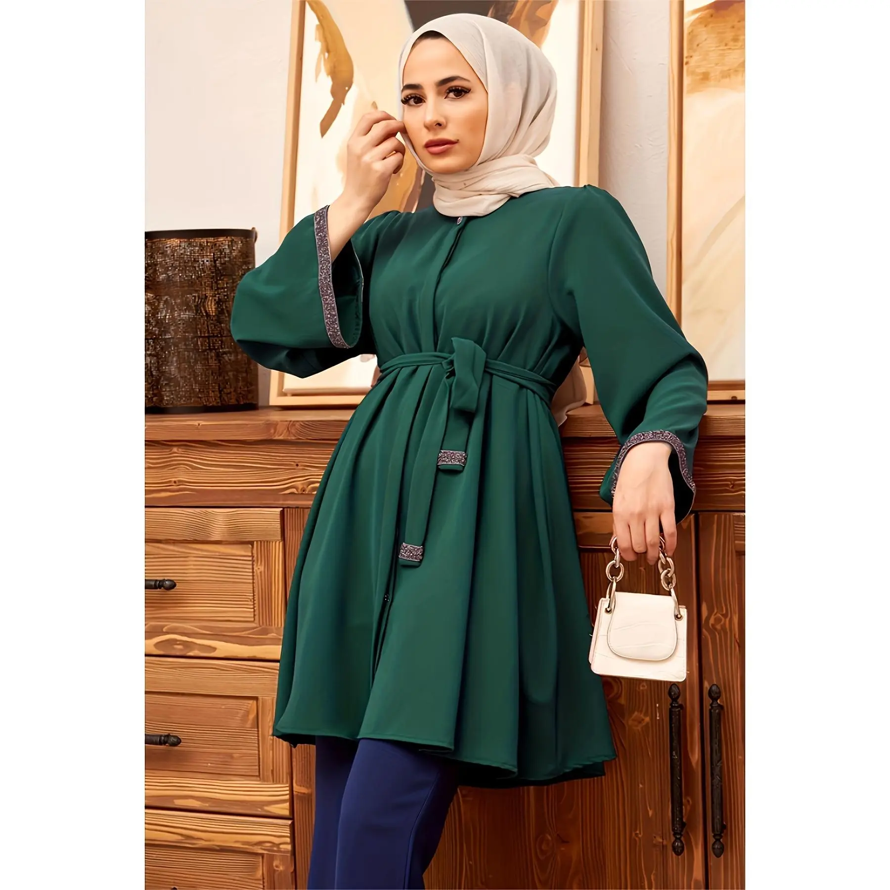 Women'S Elegant Rhinestone Embellished Polyester Shirt 6332-1, Solid Color, Regular Length, All-Season Woven Top with Belt Detail, 100% Polyester 130g/m²