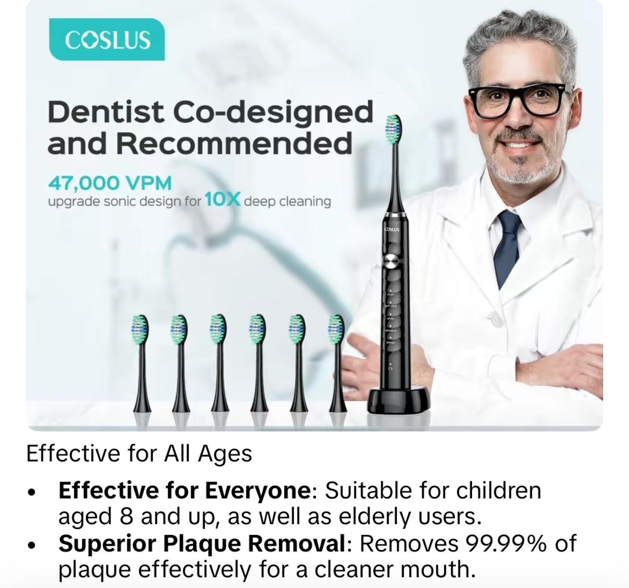 6 Replacement Brush Heads Electric Toothbrush with 47,000 VPM and 10x Cleaning Power - Cleansing, Wireless Charging, IPX Waterproof