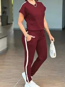 Fashion Commuter Short Sleeve Long Pants Casual Sportswear Two-Piece Set, Athletic Activewear Tracksuits, Sweatsuit Outfits, Minimalist Style, Fitted, Solid Pattern, All Seasons