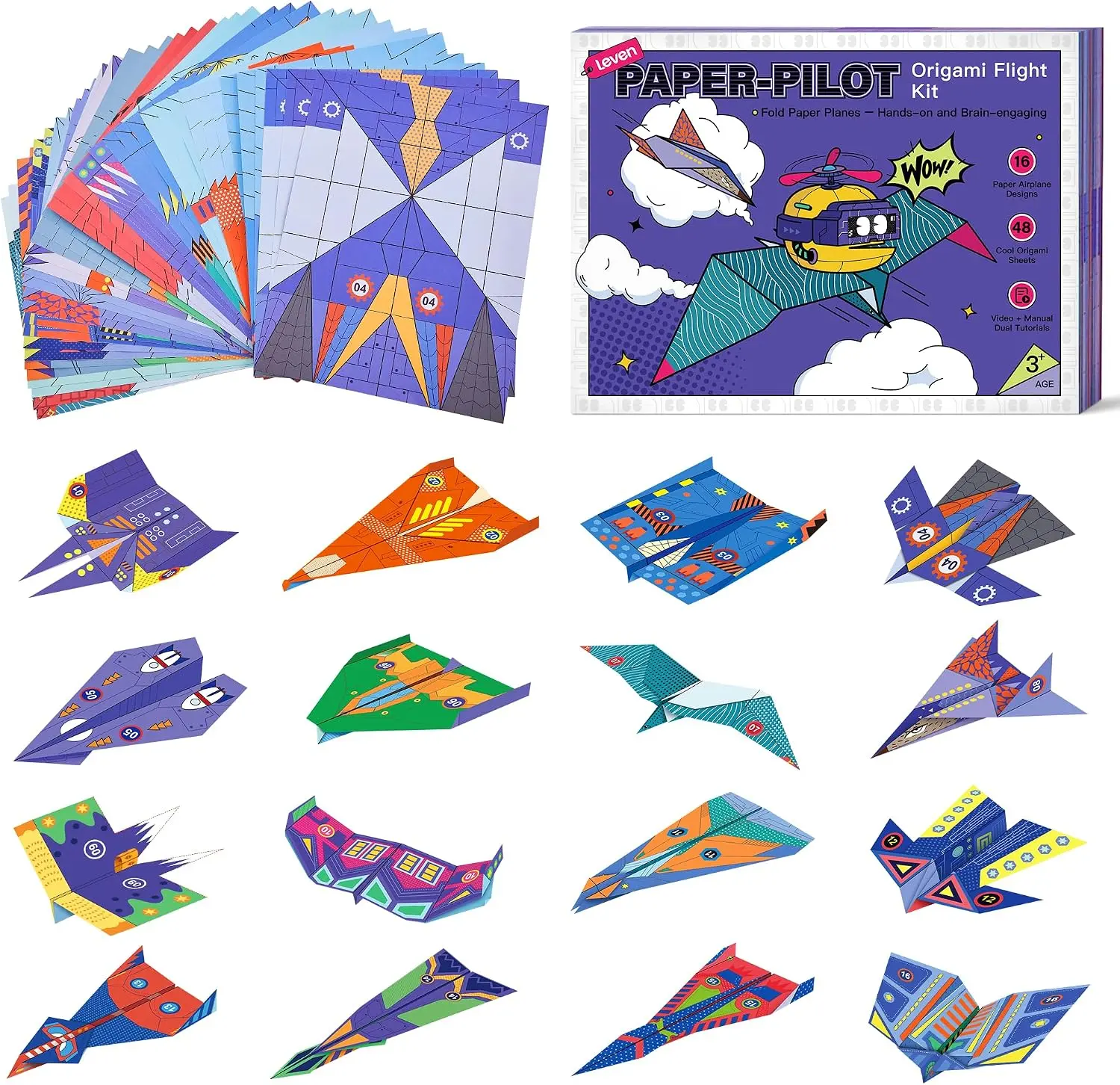 Leven DIY Paper Airplane Book, 16 Creative Folding Paper Planes, 11" x 8.3" 48 Sheets Origami Paper, Arts & Crafts Kit with Video Tutorials – Gifts for Boys and Girls Ages 3–12+