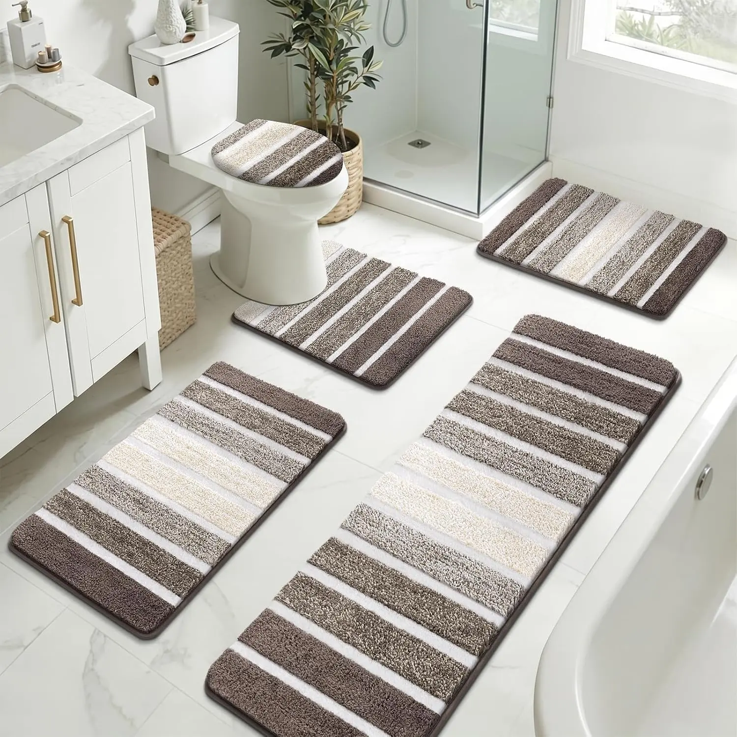 LOKHOM 5-Piece Modern Geometric Square Bathroom Decor Combo Set - 0.78" Thick Plush Shag Non-Slip Microfiber Water Absorbent Bath Mats, 20x48in, 20x24in, 19x21in Sizes, Machine Cold Washable, for Bathroom Coffee Quick Dry Floors