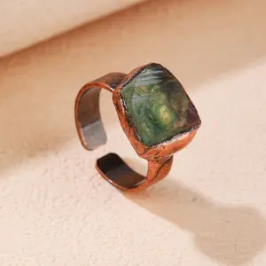 Natrual Irregular Green Fluorite Gemstone Ring Vintage Bronze Adjustable Retro Unshaped Original Raw Stone Ring for Women Men Girls Boys Party Jewelry Gift Birthday Anniversary Christmas Hallowmas Fashion