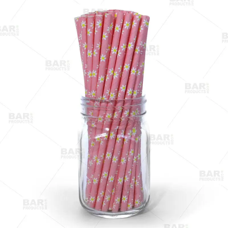 BarConic® Disposable Eco-Friendly Biodegradable Paper Straws - Cute Daisy Design, 100-Pack, 0.236" Diameter, 8" Length, Bar Utensils for Specialty Craft Cocktails, Beverages, Cocktail-Making Disposable Straws